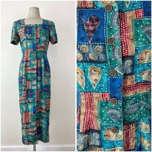 Vintage 90s Linen Square Neck Ocean Shells Patchwork Colorful Maxi Dress